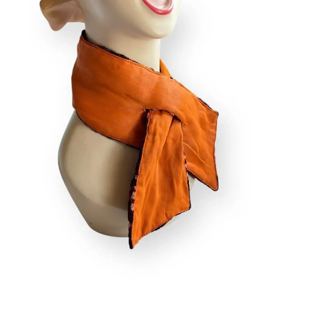 Block Print Reversible Velvet Vintage Pull Through Scarf Orange Mauve Brown 28”